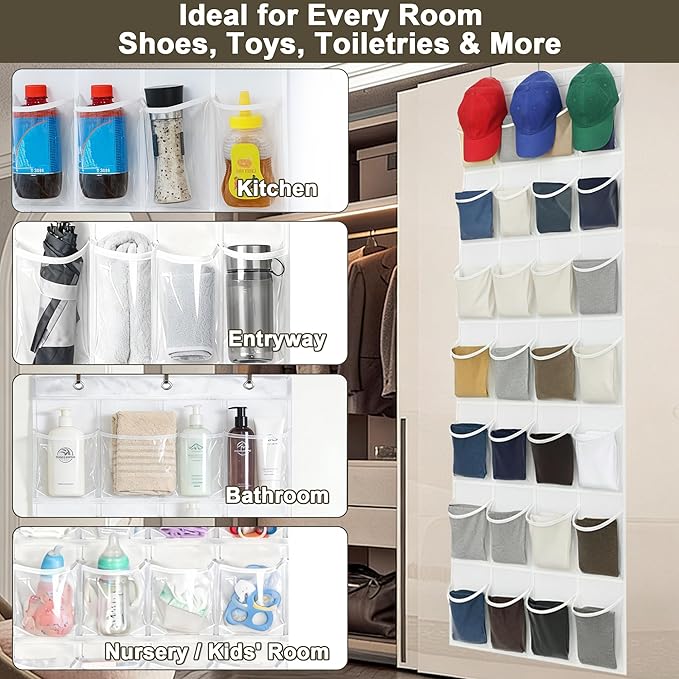 Over The Door Shoe Organizer with 24 Crystal Clear Pockets and Metal Hooks – Heavy Duty Hanging Shoe Storage Rack for Closet, Bathroom, Dorm – Space Saving for Shoes, Accessories, Toys (White)