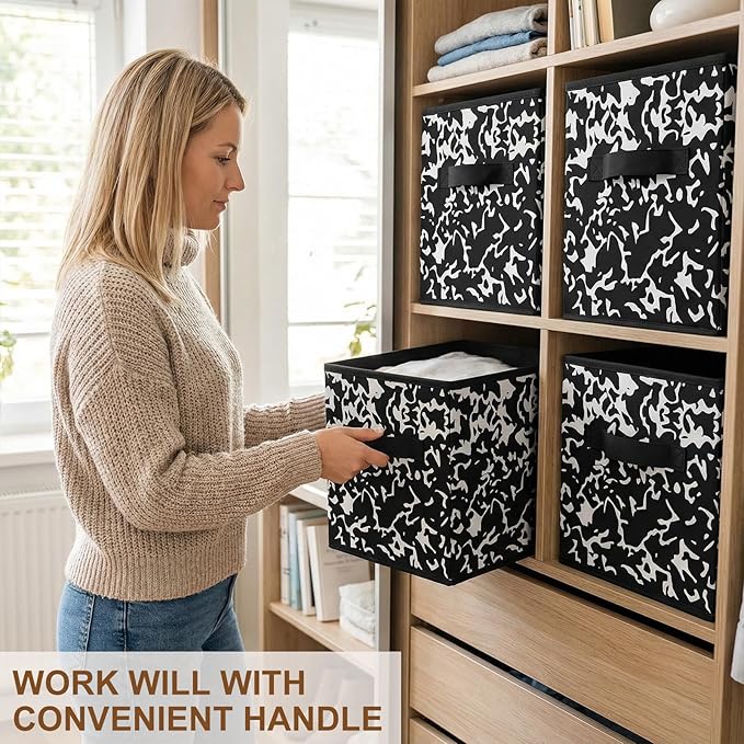 LemonRoad 6 Fabric Storage Cubes 11 Inch Foldable Marble Storage Bins for Organizing Pantry, Toy Box, Clothes Closet Collapsible Baskets for Shelves School Organizing with Handle(Black, Classic Style)