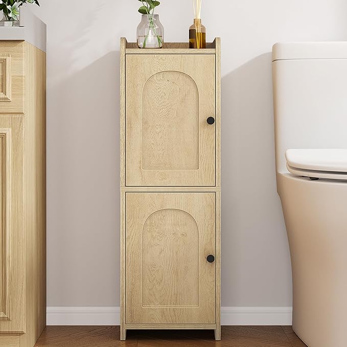 Bathroom Storage Cabinet, Small Corner Floor Cabinet with 2 Doors and Adjustable Shelf, Narrow Toilet Paper Cabinets, Bathroom Organizer for Small Spaces, 7.9" D x 9.8" W x 29.5" H Yellow
