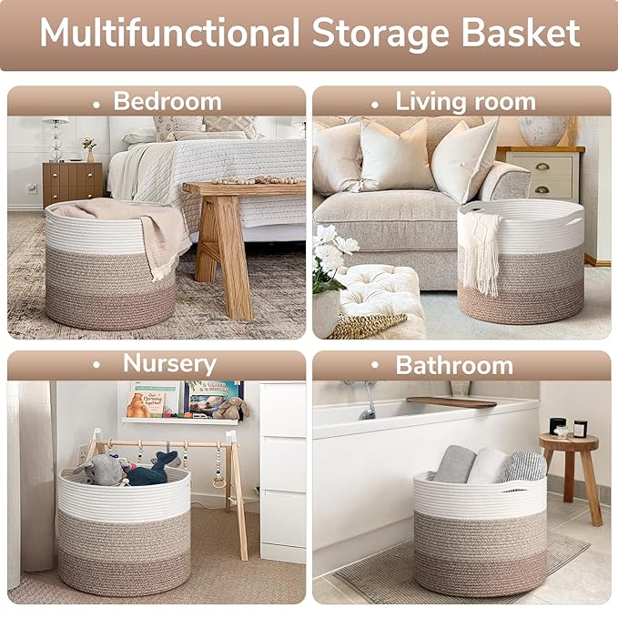 Goodpick Large Woven Basket, Blanket Basket Living Room 15.8"x15.8"x13.8", Woven Storage Bin for Baby Laundry, Light & Brown