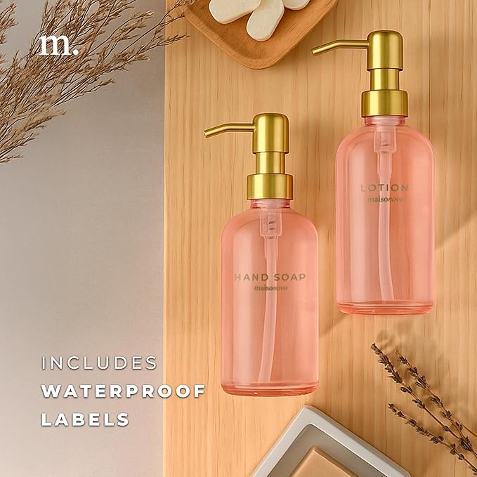 MaisoNovo Soap Dispenser 2-Piece Set | 16.9oz Pink Bottles with Gold Stainless Steel Pump Core