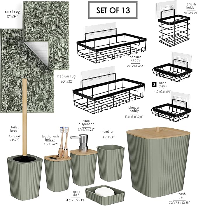 Clara Clark Bathroom Set - Sage Green Bathroom Accessories Set, 6PC Bathroom Accessory Set, Bathroom Sets with Bathroom Rugs, Adhesive Corner Shower Caddy Hanging, Toilet Brush & Trash Can