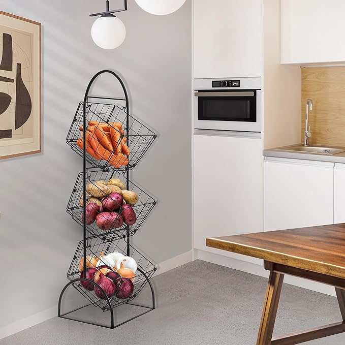 Sorbus 3-Tier Wire Market Basket Storage for Fruit, Vegetables, Toiletries, Household Items, Stylish Tiered Serving Stand for Kitchen, Bathroom Organization
