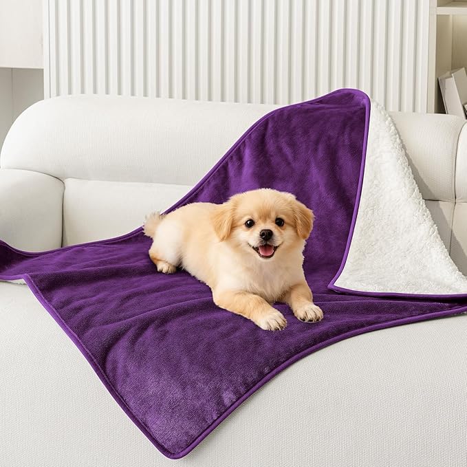 Smiry Waterproof Dog Bed Blanket, Leakproof Pet Throw Blanket for Bed Couch Sofa, Reversible Sherpa Fleece Furniture Protector Cover for Small Medium Large Dogs Cats (Purple, 32x40 inches)