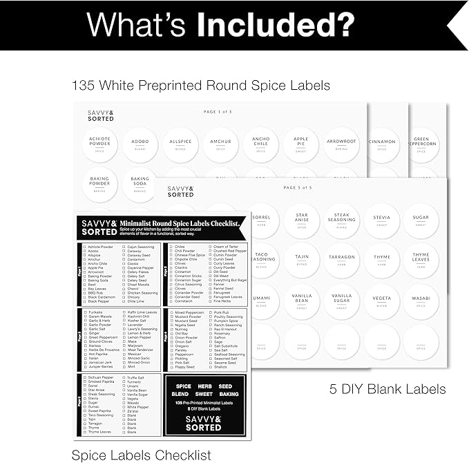 Minimalist Round Spice Labels for top Lids - 140 Spice Jar Labels for Spice Containers - Waterproof Kitchen Label Stickers for Spice Jars - Spice Organization Herb Seasoning Pantry Labels