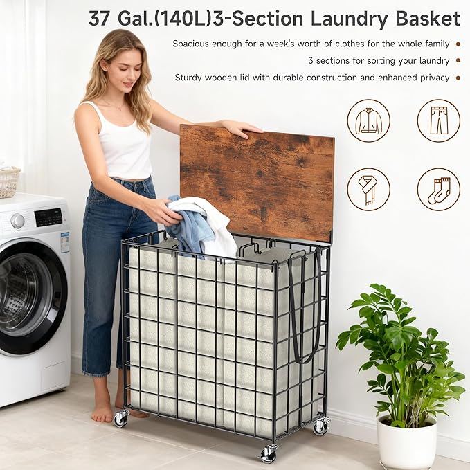 Laundry Basket with Wheels, Heavy Duty Laundry Sorter 3 Sections, 140L (37Gal.) Large Capacity Laundry Hamper with Wood Lid, 360 Rolling Wheels, Extra Side Pocket, Leather Pull Handle (Beige)