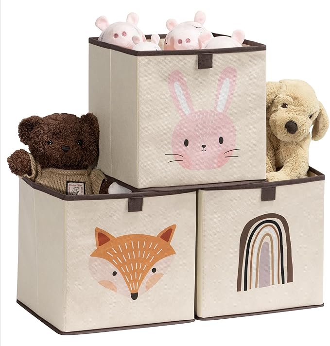 Navaris Kids Storage Cubes Set of 3 - Kids Cube Fabric Organizer Storage Bins - Foldable Cloth Cube for Childrens Bedroom Baby Nursery - Book Toy Bin Cubby Storage - Rabbit & Fox