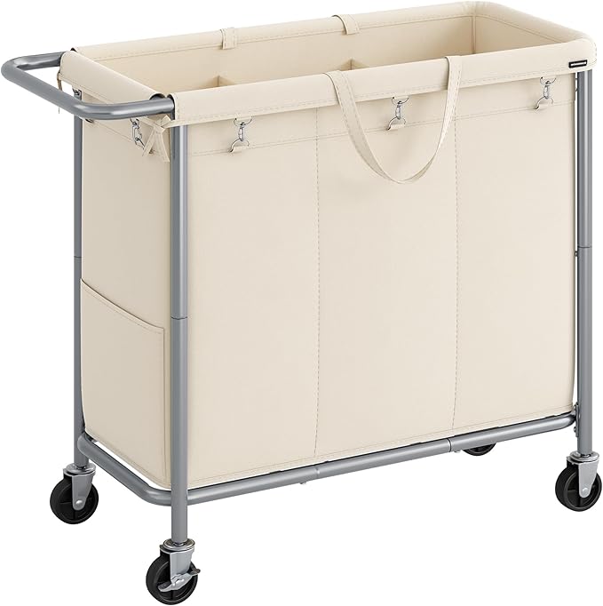 SONGMICS Laundry Basket with Wheels, 3-Section Rolling Laundry Hamper, 52.8 Gallons (200 L), Removable Liner, Steel Frame with Handle, 35.8 x 15.4 x 31.9 Inches, Cream White URLS005W01