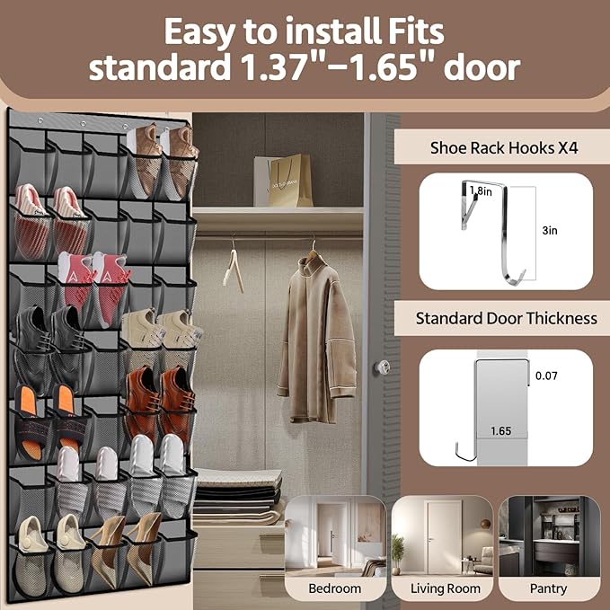 PAULONE 35 Pocket Over the Door Shoe Organizer,Reusable Breathable Large Mesh Bag Men's & Women's Sneaker Organizer,Shoe Organizer for Kids,Hanging Shoe Storage Hanging Bag (Gray)