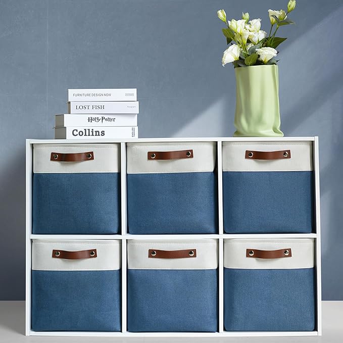 6-Pack Foldable Fabric Storage Cubes 11x11 Inch, Sturdy Cube Organizer Bins with Leather Handles, Storage Baskets for Closet Shelves and Home Organization(White/Blue)