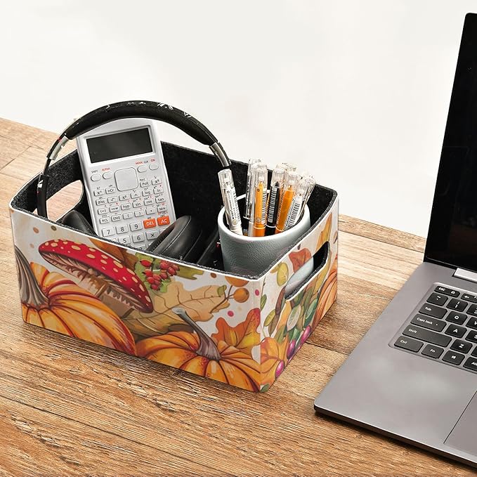Fall Harvest Pumpkins Mushroom Orange Closet Storage Bins 2 Pcs Felt Open Home Storage Containers Organizer with Handles Collapsible Shelf Basket for Home Office Craft Room Classroom Fabric