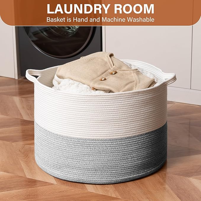 Foldable Laundry Hamper Basket with Collapsible Handle Cotton Rope Soft Woven Fabric Storage Organizer Clothes Toys Nursery Bedroom Dorm Space Saving Bin (White & Light Grey, 80L(21.7"D x 13.8"H))