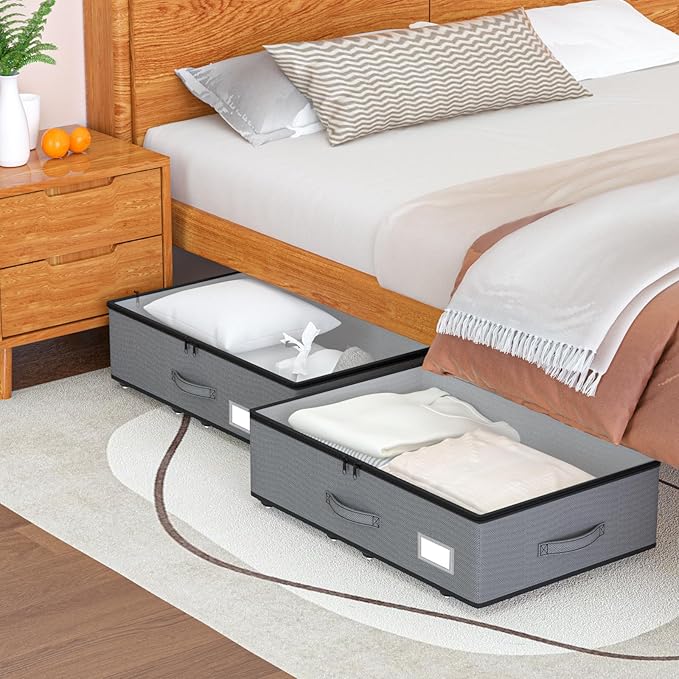 EE-RoomWorld Under Bed Storage with Wheels, No Assemble Required 7.5 inches height Under Bed Storage bins,Large capacity Rolling Underbed Shoe Storage containers，dorm underbed storage drawers