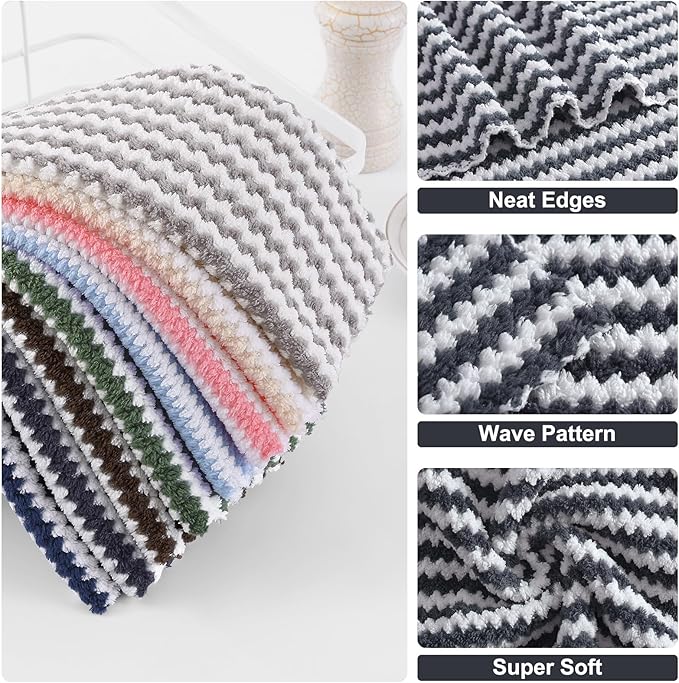Homaxy 18 Pack Kitchen Dish Cloths, Ultra Soft and Absorbent Dish Towels, Reusable Fast Drying Microfiber Cleaning Cloth, Coral Velvet Wave Design No-lint, 10 x 10 inches, Dark Grey