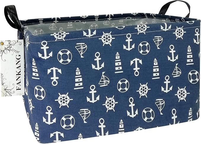 FANKANG Storage Basket,Nursery Hamper Canvas Laundry Basket Foldable with Waterproof PE Coating Storage, Office, Bedroom, Clothes,Toys (Rec-Sailboat)