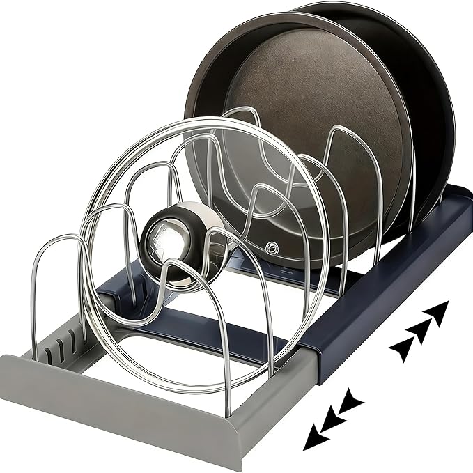 Pots and Pans Organizer for Cabinet Expandable12~22" Pot Lids Organizer Holder with 7 Adjustable Dividers Space-Saving Kitchen Organization Rack for Baking Pans, Cookware & Cutting Boards