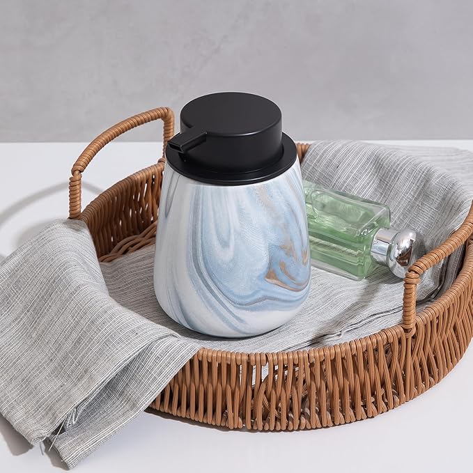 12Oz Ceramic Liquid Soap Dispenser - Modern Lotion Hand Soap Dispenser with Easy-to-Press Black Pump, Reusable and Refillable Dish Soap Dispensers for Bathroom & Kitchen, Marble Blue