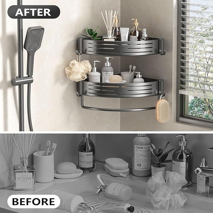 Corner Shower Caddy， 2 Pack Adhesive Shelf Corner with Towel Bar Hooks No Drilling Waterproof Rust Proof Organizer for Bathroom Storage