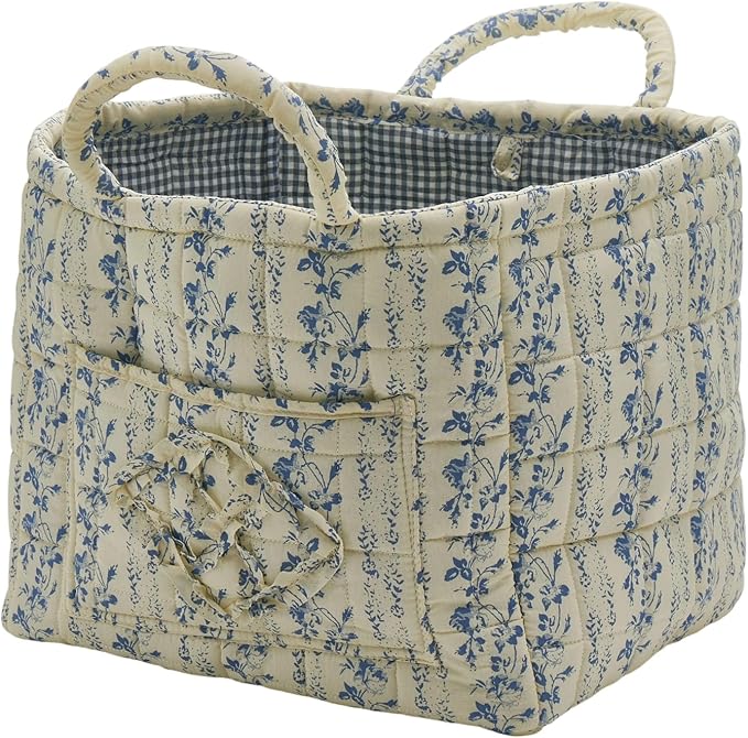 Quilted Fabric Storage Basket with Handles & Pocket, Foldable Laundry Hamper Boho Floral Print Organizer Bin for Home, Picnic, Office 12"x10"x10" (B-5)