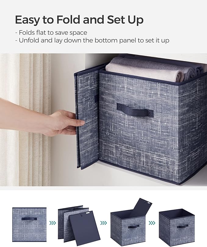 SONGMICS Storage Cubes, 11.8-Inch Non-Woven Fabric Bins with Double Handles, Set of 6, Closet Organizers for Shelves, Foldable, for Clothes, Misty Blue UROB030I01