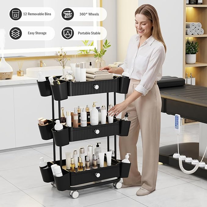 3 Tier Drawer Shelf Beauty Cart with 12 Movable Storage Organizer, Thickened Durable ABS, 360° Wheels for Salon Station for Hair Stylist, Beauty Salon, Spa Massage Parlor, Makeup Organizer - Black