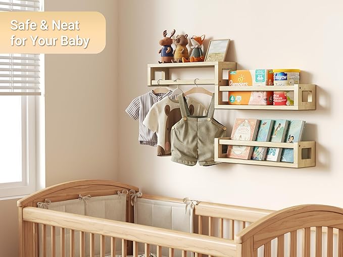 Sturdy Floating Shelves – Set of 3 Wall Bookshelves and Nursery Floating Shelves for Books, Toys, Kitchen, Bathroom, and Home Decor – Natural Poplar