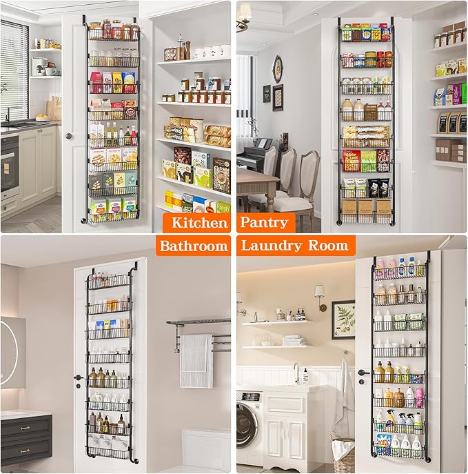 MIAOLI Over the Door Pantry Organizers and Storage, 8-Tier Spice Rack, Home & Kitchen Storage Shelves for Cabinet, Large Capacity Hanging Seasoning Organizer, Laundry Room Organization, Black