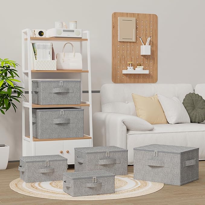 Underbed Storage Box, Foldable Cube Baskets with Lid, Bins for Organizing Clothes, Shoes, Blankets, Pillows, 19.6x15.7x11.8Inches, Grey, 2 Pack