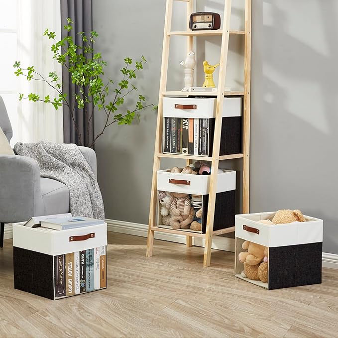 Storage Cubes, 4 Pack Linen Foldable Storage Bins (13 x 13 inch) with Clear Window and Handles, Fabric Organizer for Shelf Closet, Clothes, Books - (Black and White)
