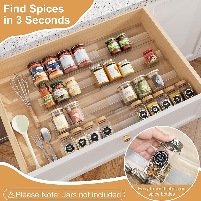 8-Pack Spice Drawer Organizer, Expandable Acrylic Seasoning Rack (13" to 26") with Anti-Slip Mat, Kitchen Spice Rack Drawer Holds up to 56 Jars (Jars Not Included)