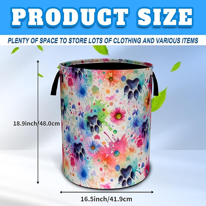Colorful Dog Paw Prints Laundry Basket Oxford Cloth Pet Laundry Hamper With Handle Foldable Portable Clothes Storage Basket 18.9 X 16.5 Inch Storage Bag For Laundry Room/Bathroom/Bedroom/Dormitories
