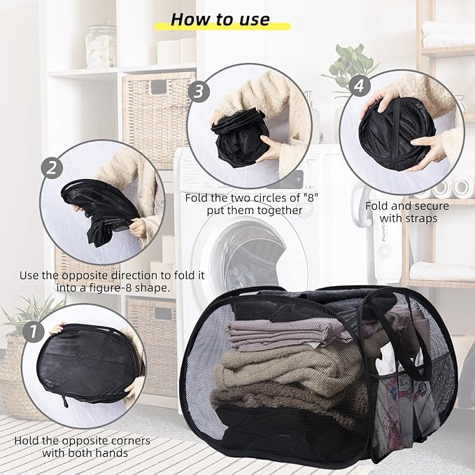 Collapsible Laundry Basket, 90L Foldable Pop-up Laundry Hamper with Handles, Mesh Dirty Clothes Hamper for Laundry, Bathroom, Kids Room, Dorm,Travel or Camping (Black, 2PCS)