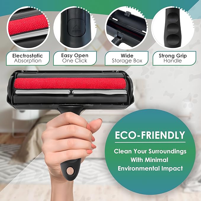 US PET SUPPLY Pet Hair Remover Roller-Reusable, Self Cleaning Lint Roller for Pet Hair Removal on Furniture, Carpets, Clothes & Car Seats-Dog & Cat Hair Remover No Sticky Tapes (Black)