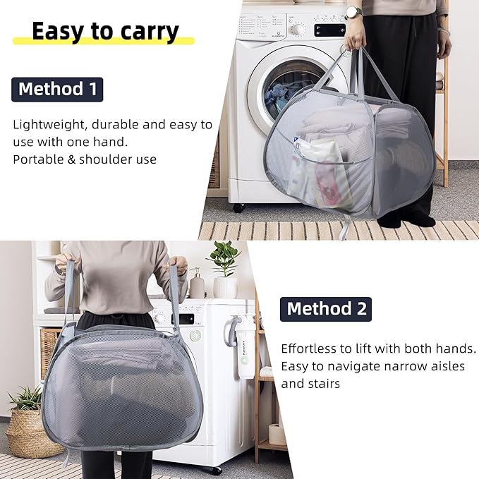 Collapsible Laundry Basket, 90L Foldable Pop-up Laundry Hamper with Handles, Square Mesh Dirty Clothes Hamper for Laundry, Bathroom, Kids Room, Dorm,Travel or Camping (Gray)