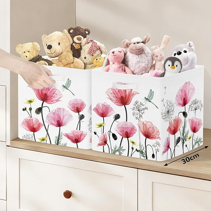 Clastyle Flowers Storage Cube Organizer Set Handle Closet Clothes Cube with Metal Frame Foldable Parents Organizer Storage Basket for Book Toy,Red Poppy,11.8x11.8x11.8 in