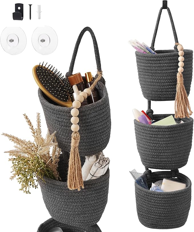 Fabric Wall Hanging Organizers - Small Woven Baskets Pouches Set Boho Style Wall Mounted Bag with Adhesive Hook, Storage Decoration Pocket Caddy for Closet Playroom RV Nursery (Gray & Black)