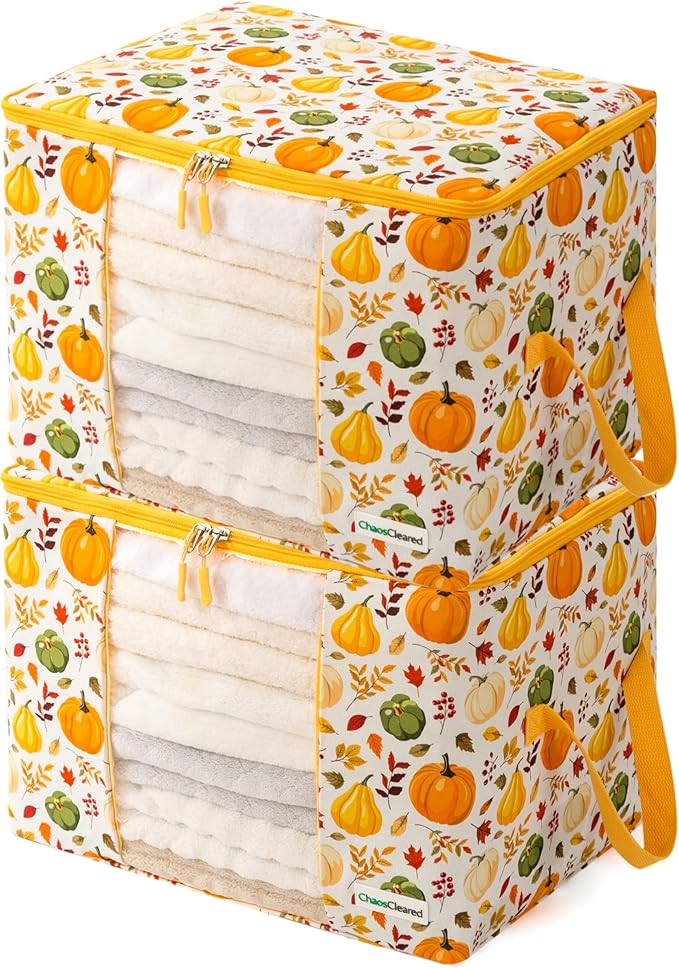 Chaos Cleared Canvas Storage Bags Designer Organizer 2 Pack – Seasonal Storage for Sweaters, Blankets, Linens & Garments – Foldable Design with Zip & Window, Moth-Proof Space Saver, Pumpkin Print
