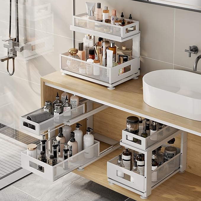 Corbyles 2 Pack Under Sink Organizer with Next-Gen Ball-Bearing Slides,2-Tier Pull Out Cabinet Storage,Height Adjustable Drawer Shelf for Bathroom,Kitchen,Laundry,Cabinet,Pantry(Patent Pending)