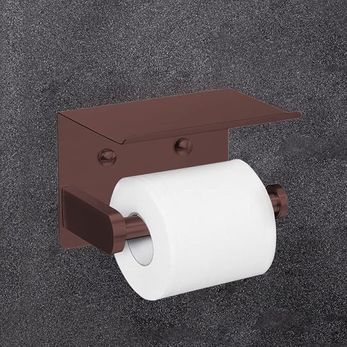 VAEHOLD Self Adhesive Toilet Paper Holder with Phone Shelf Stainless Steel Wall Mounted Toilet Paper Roll Holder - Rustproof and Bathroom Washroom Tissue Roll Holder with Shelf - Red Copper