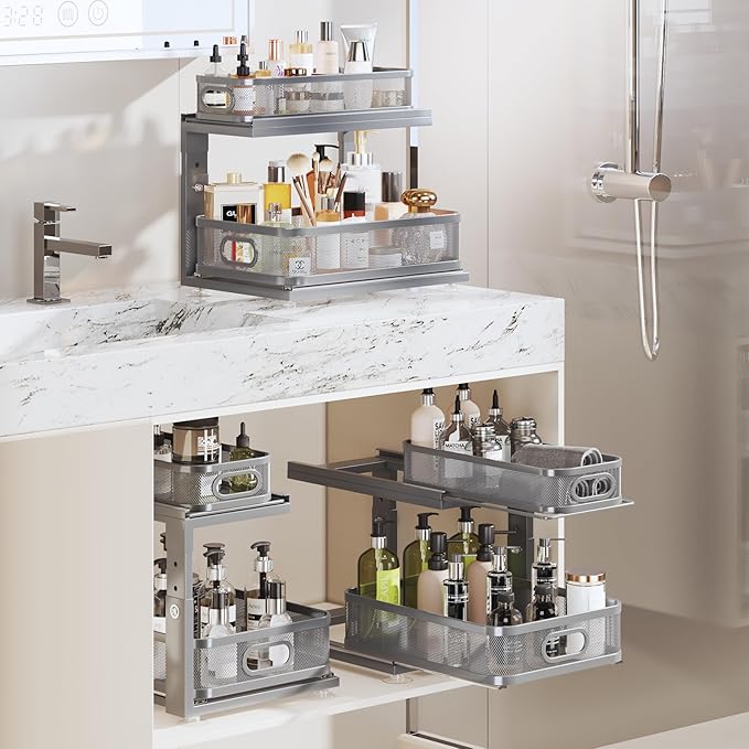 2 Pack 15.5IN-Depth Under Sink Organizer With Next-Gen Ball-Bearing Slides,2-Tier Precision Mesh Pull Out Cabinet Storage for Bathroom&Kitchen,Height Adjustable Drawers Shelf,Anti-rust-Grey