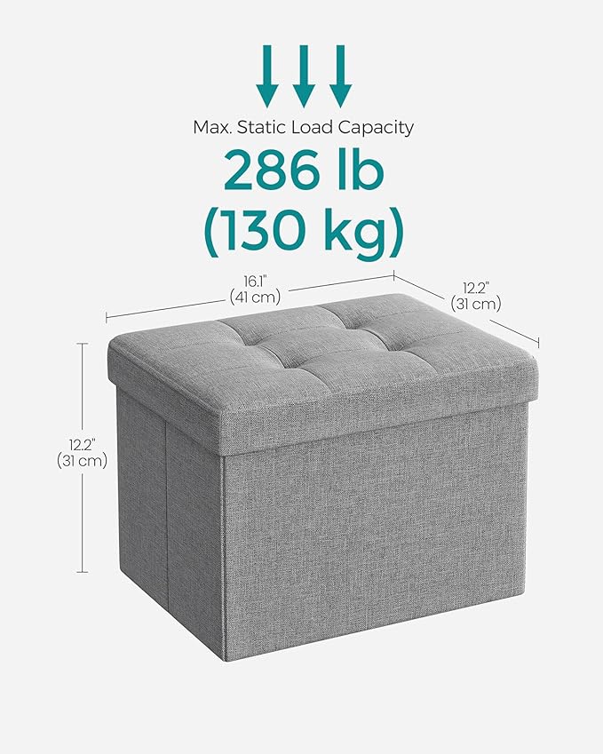 SONGMICS Mazie Collection - Small Folding Storage Ottoman, Foot Rest Stool, 12.2 x 16.1 x 12.2 Inches, 286 lb Load Capacity, for Living Room, Bedroom, Home Office, Dorm, Light Gray ULSF102G02