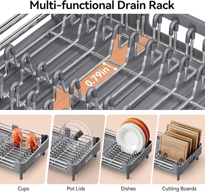 Stainless Steel Dish Drying Rack - Dish Drainer for Kitchen Counter, Extendable Drainboard with Foldable, Space-Saving Cup & Bowl Organizer, Includes Knife and Utensil Holder, Gray