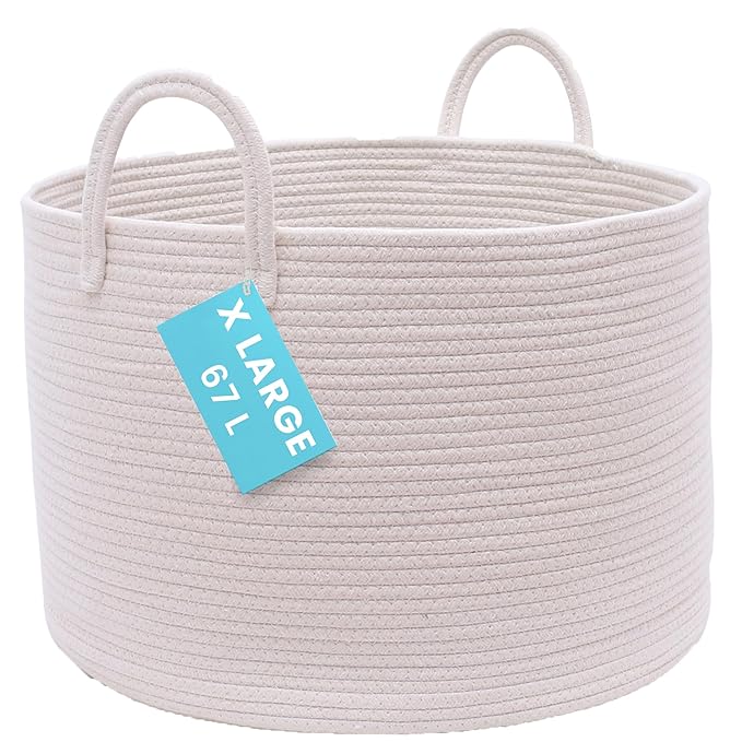 OrganiHaus Large Woven Storage Basket for Blankets and Toys 20" x 13" Inch, Rope Laundry Basket with Handles, Cushions & Pillows Storage Bin, Nursery Hamper, Soft Round Dog Toy Bin - Off-White