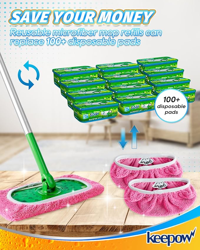 KEEPOW 6 Pack Reusable Mop Pads Compatible with Swiffer Sweeper, Coral Fleece Washable Swiffer Mop Pads, Dry & Wet Sweeping Mopping Cloths (Pink, Not Included Mop)