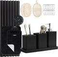 Black Bathroom Sets, Black Bathroom Accessories Set with Shower Curtain and No-Slip Bath Rugs, Natural Loofah Sponge, Soap Dispenser, Toothbrush Holder, Bathroom Tumbler and Tray for Bathroom
