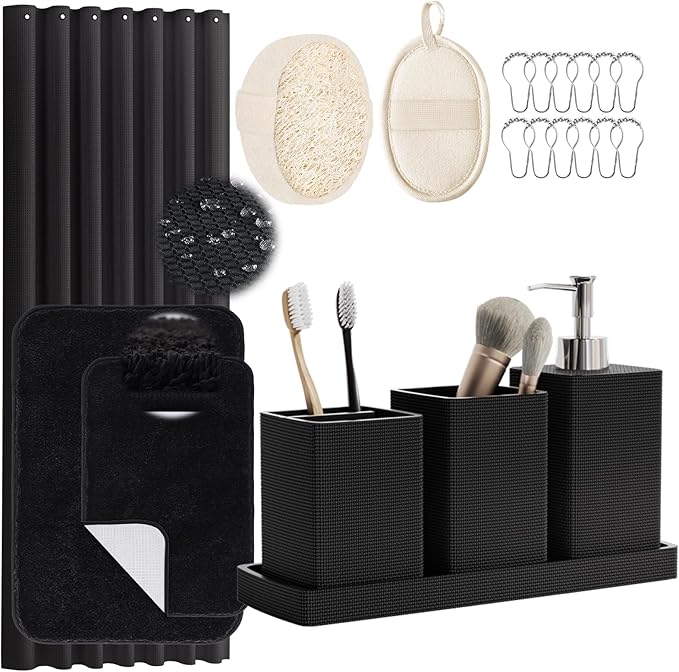 Black Bathroom Sets, Black Bathroom Accessories Set with Shower Curtain and No-Slip Bath Rugs, Natural Loofah Sponge, Soap Dispenser, Toothbrush Holder, Bathroom Tumbler and Tray for Bathroom