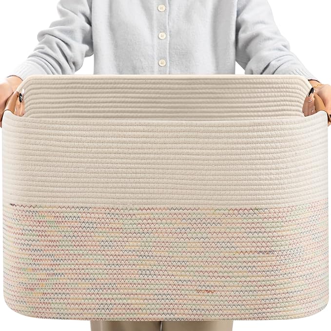 danpinera 108L Large Basket for Living Room, Boho Decorative Basket Organizing with Handles, Cotton Rope Storage for Toys, Pillows, Clothes, 25’’*16’’*16’’ Rainbow