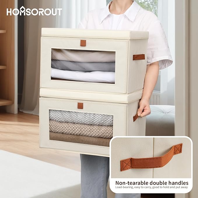 Large Closet Storage Bins - Collapsible Storage Bins with Handles & Window, Decorative Boxes with Lids, Fabric Cubes for Living Room, Dorm, 1 Pack, Beige