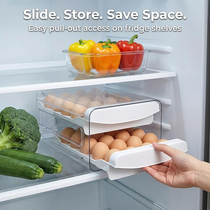 Zagtag® Egg Holder for Fridge, 2-Tier Stackable 40 Eggs Organizer Drawer for Refrigerator, Space-Saving Egg Container, Clear Plastic Egg Tray for Kitchen Storage