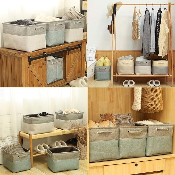 Sea Team 3-Pack Large Storage Basket Set, Trunk Organizer, Clothes Toys Bin, 15 x 10 x 10 Inches, Big Rectangular Canvas Fabric Collapsible Shelf Box with Handles for Kids Room (Grey/Stone Blue)